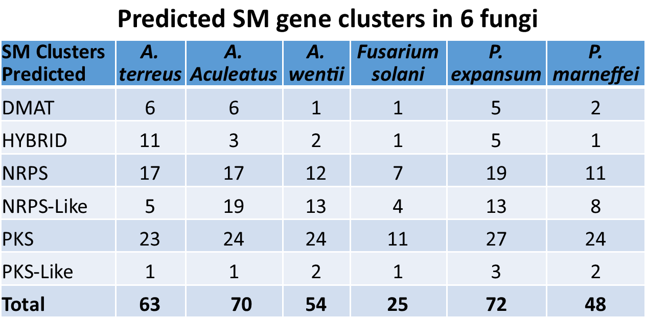 Tables Predicted SM gene cluster in 6 fungi